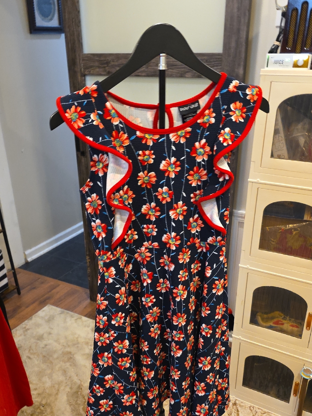 paper doll Navy Floral Dress with Red Trim